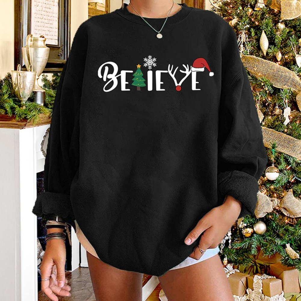 COPY - Christmas Black Sweatshirt  "Believe"